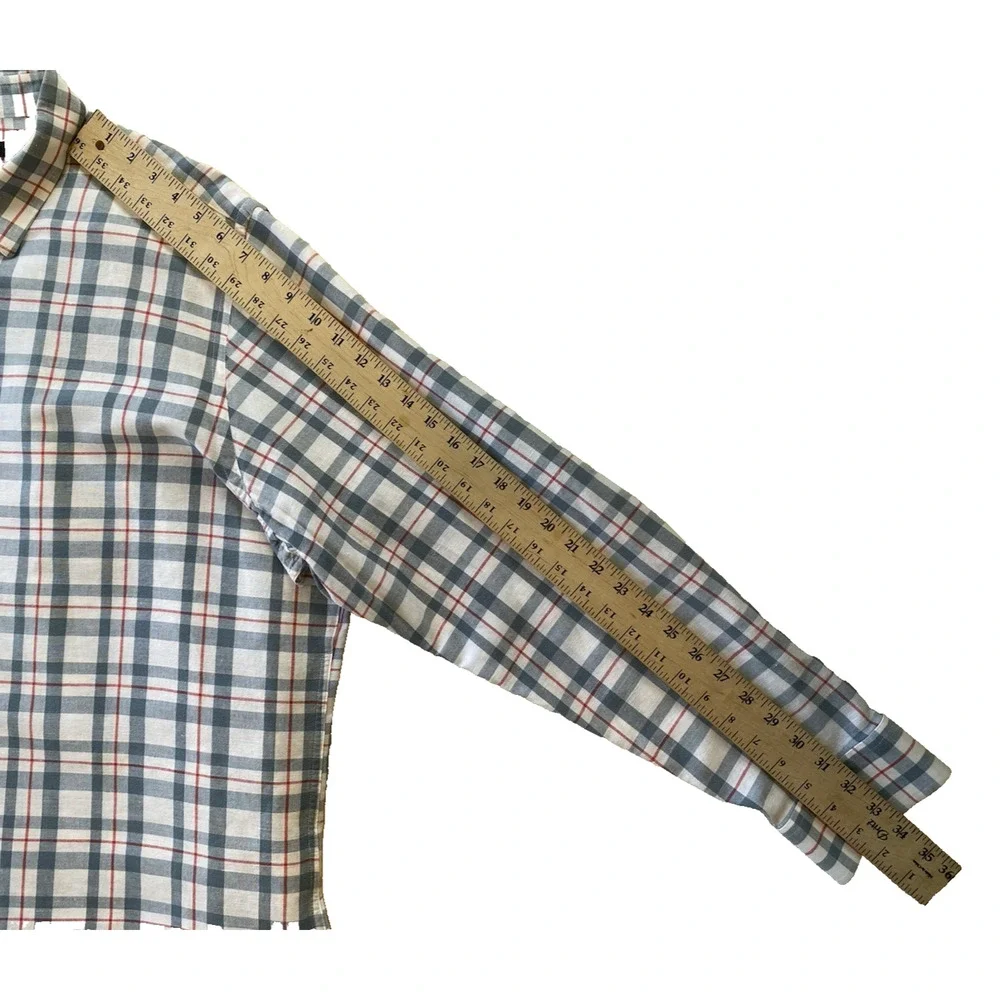 Banana Republic Shirt Mens XXL Red White Blue Plaid Button Up Long Sleeve Linen